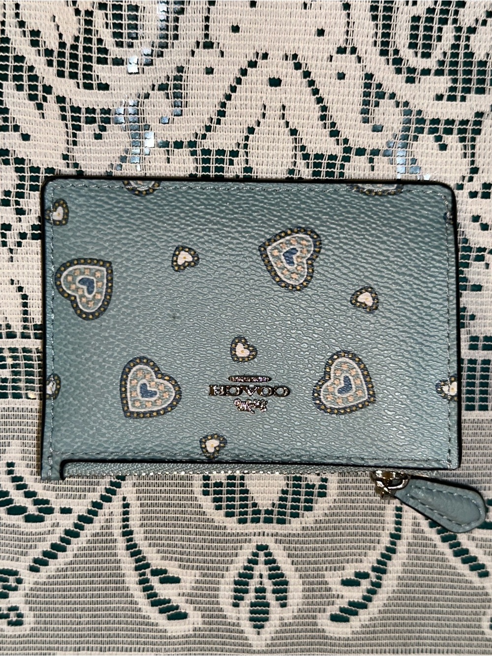 Coach Light Blue Heart-Print Zip Card Case Wallet